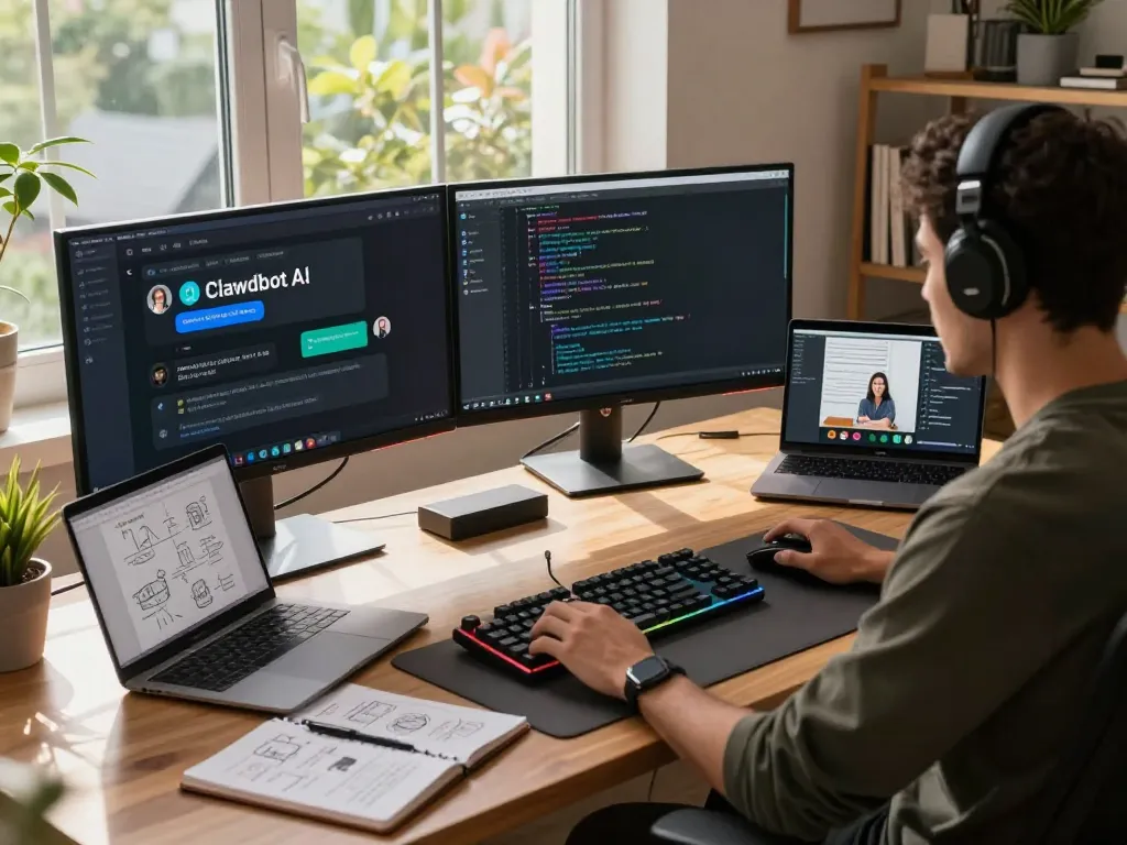 Developer using Clawdbot AI for coding and collaboration in a modern workspace.
