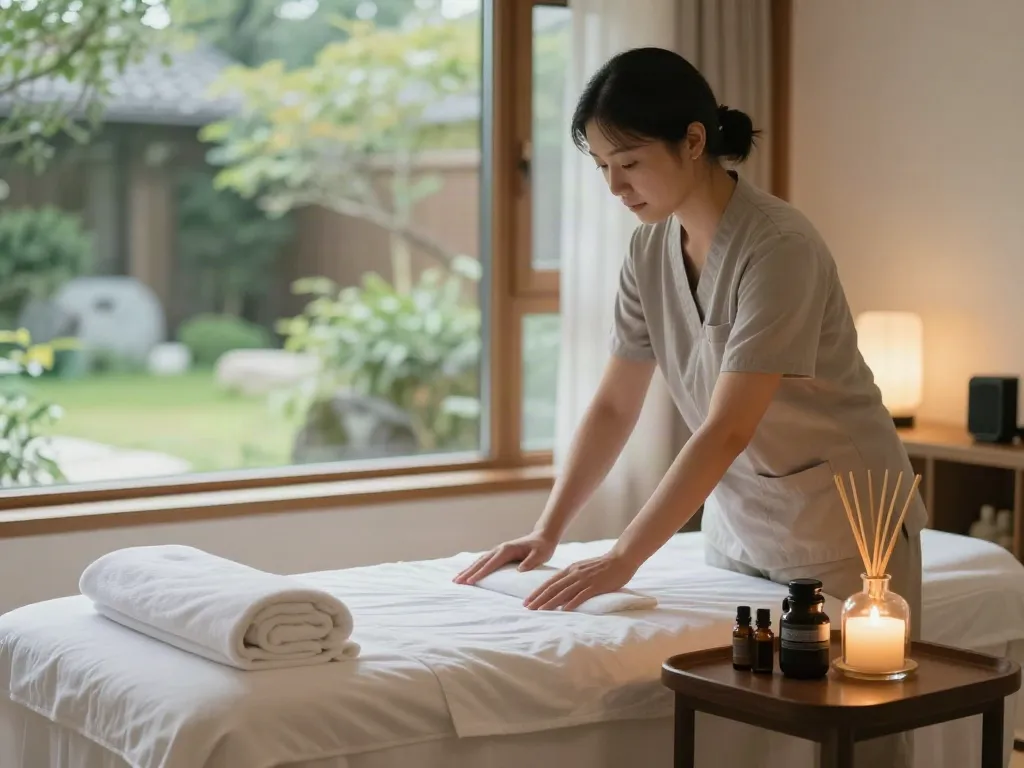 Experience tranquility with a skilled therapist in a 파주출장마사지 setting, showcasing calming oils and a peaceful atmosphere.