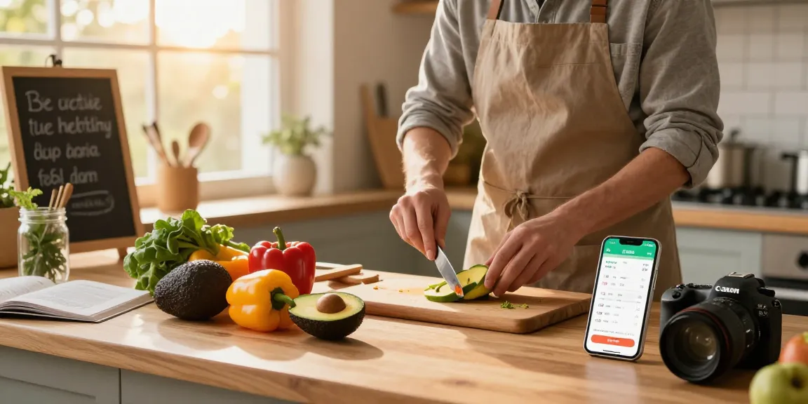 Home cook measuring fresh ingredients with the best food tracker app in a warm kitchen setting