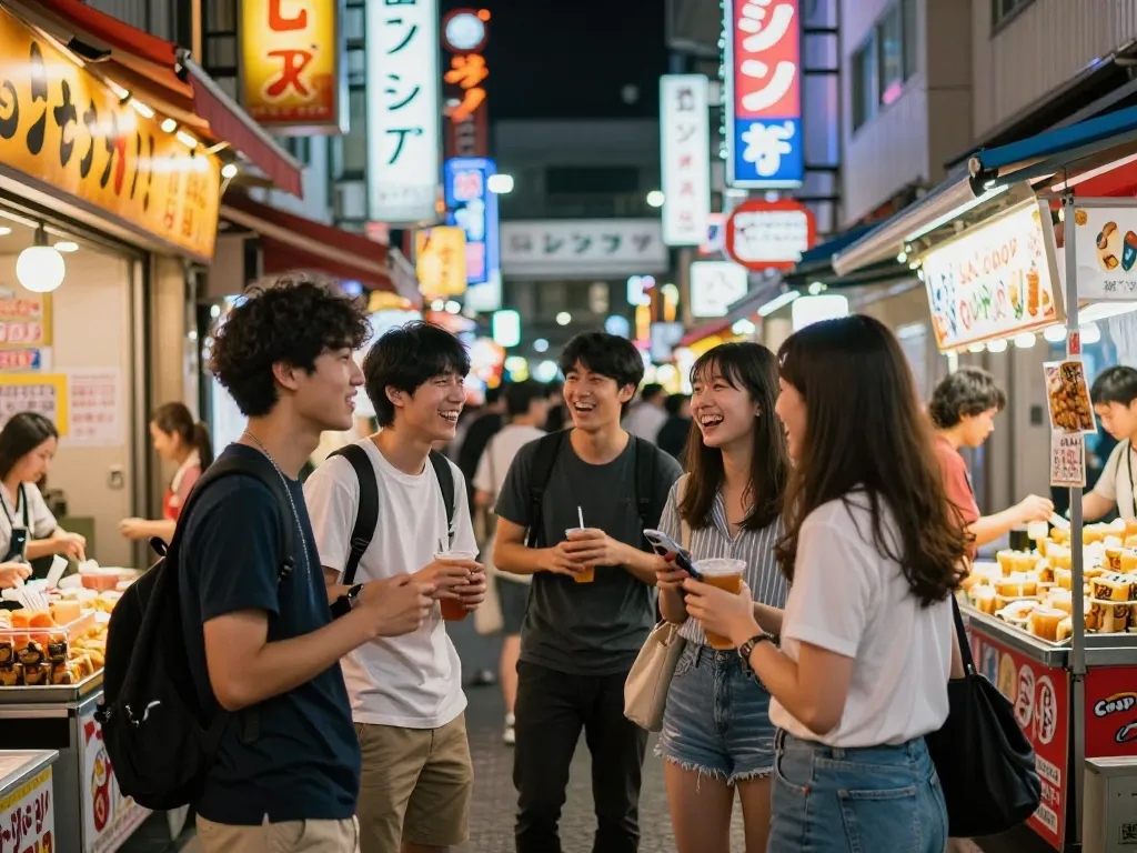 中洲ソープランドのおすすめ、活気ある夜の生活や友人たちがネオンの光と屋台のある賑やかな雰囲気でユニークな体験を楽しむ様子。