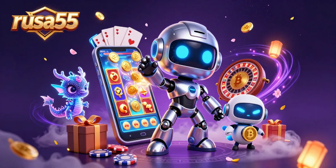 Experience thrilling moments with rusa55, showcasing a vibrant 3D casino-themed scene of neon robots and gaming elements.