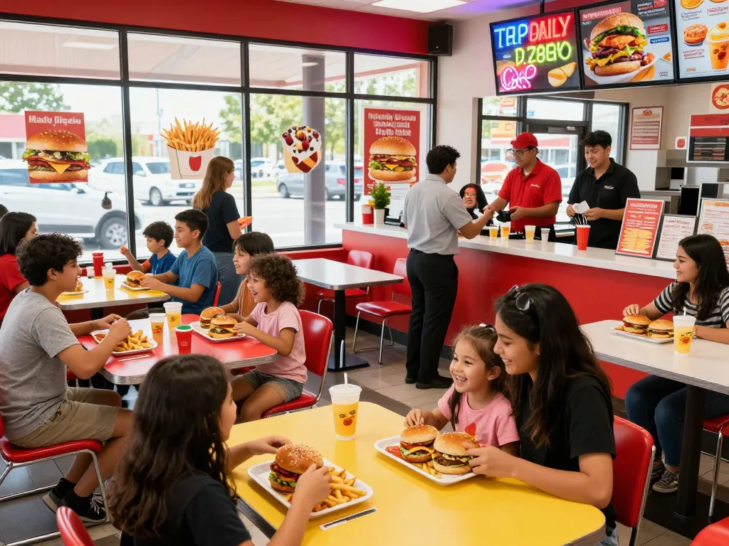 Delicious fast food menu items served in a lively restaurant atmosphere with families enjoying meals.