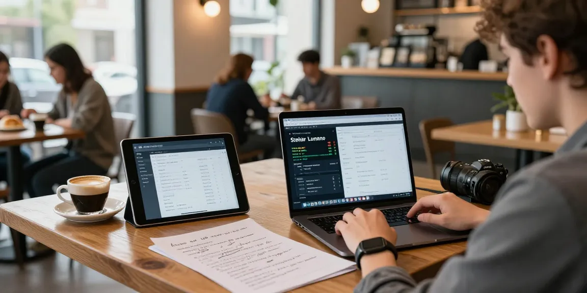 Stellar lumens price prediction analysis in a coffee shop with cryptocurrency charts and digital wallets.