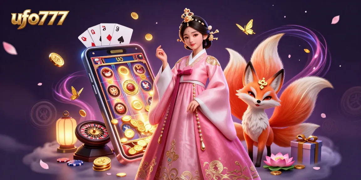 Experience real wins with ufo777, featuring an Asian woman and lucky fox amidst casino games.