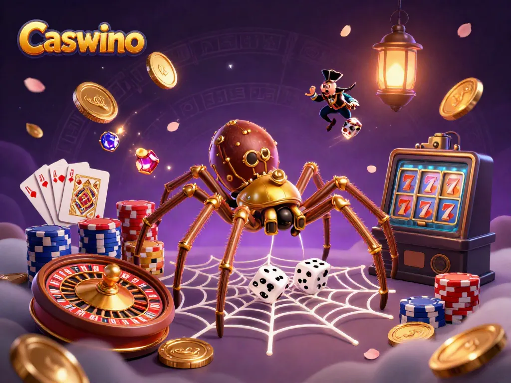 Experience thrilling casino action with Caswino's steampunk spider and golden coins spinning around.
