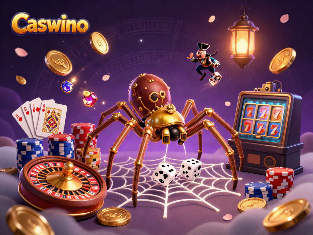 Experience thrilling casino action with Caswino's steampunk spider and golden coins spinning around.