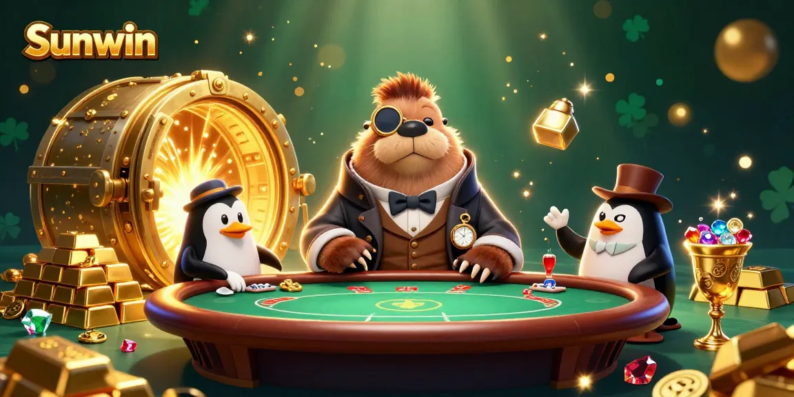 Experience the excitement of Sunwin with a playful poker scene featuring a walrus, penguin dealer, and a bluffing pufferfish.