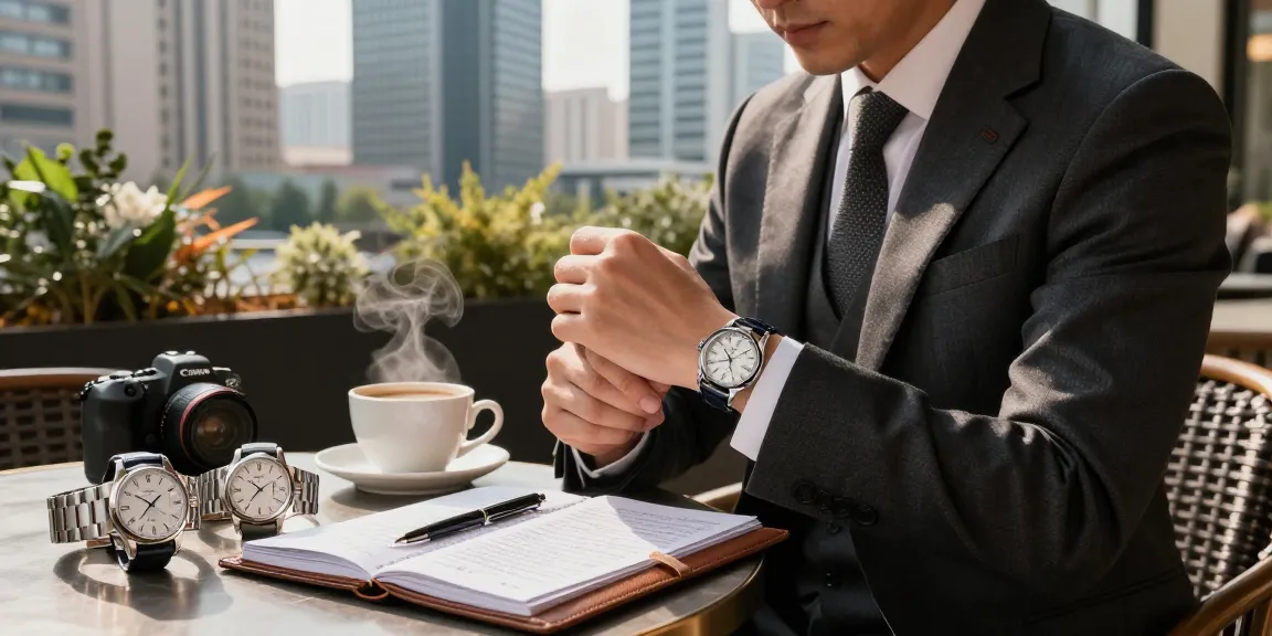 Examining a sophisticated replica watch in an upscale urban setting.