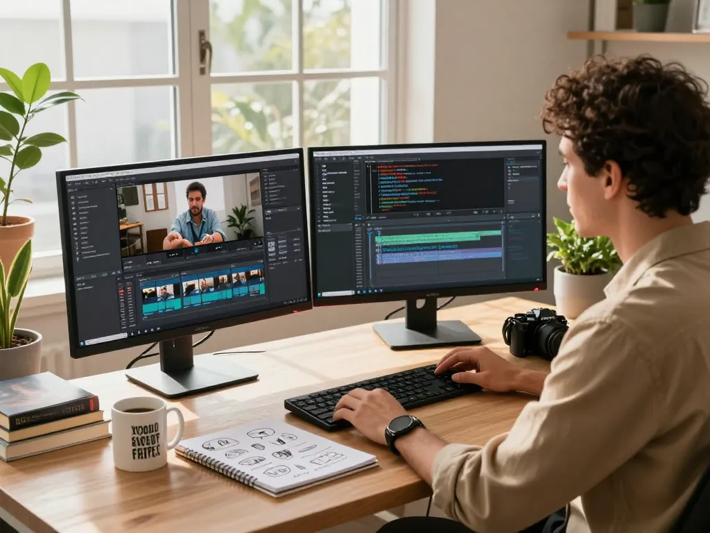 Dynamic video to promptgenerator workspace with creator analyzing AI prompts and video clips.