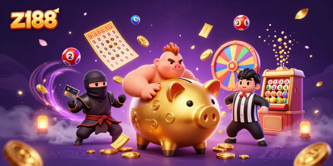 Engage with z188's dynamic gaming atmosphere featuring a coin-stomping piggy bank and playful opponents.