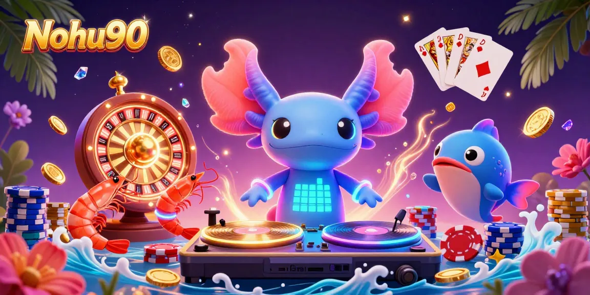Nohu90 showcases a vibrant casino scene with an axolotl DJ spinning at an underwater party.