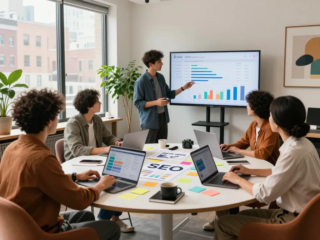 SEO specialists collaborating in a modern workspace, enhancing New York SEO Services strategies with analytics.