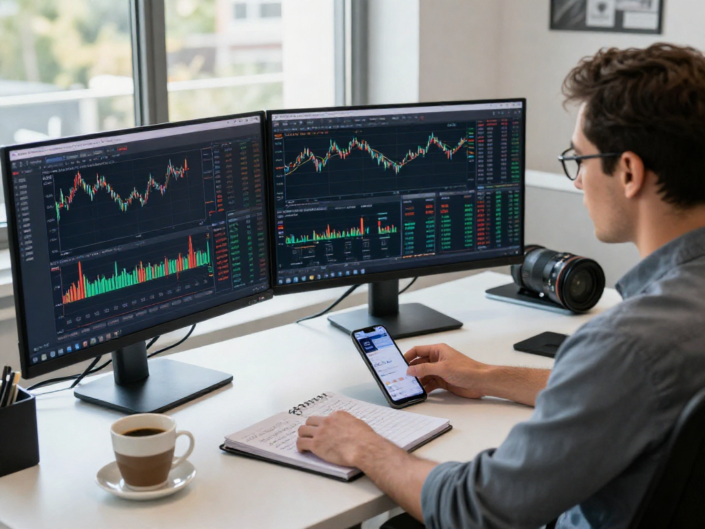 Trader using TradingView on multiple monitors in a modern workspace, with charts and financial data.
