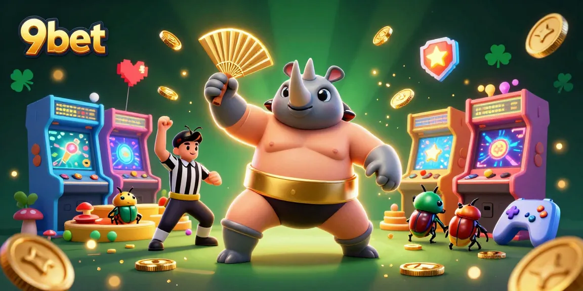 Enjoy the thrilling action at 9bet where the rhinoceros beetle sumo champion stomps coins in a vibrant casino scene.