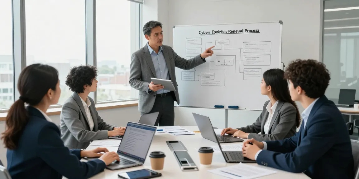 Cyber Essentials renewal meeting highlighting collaborative discussions on cybersecurity compliance in a modern office.