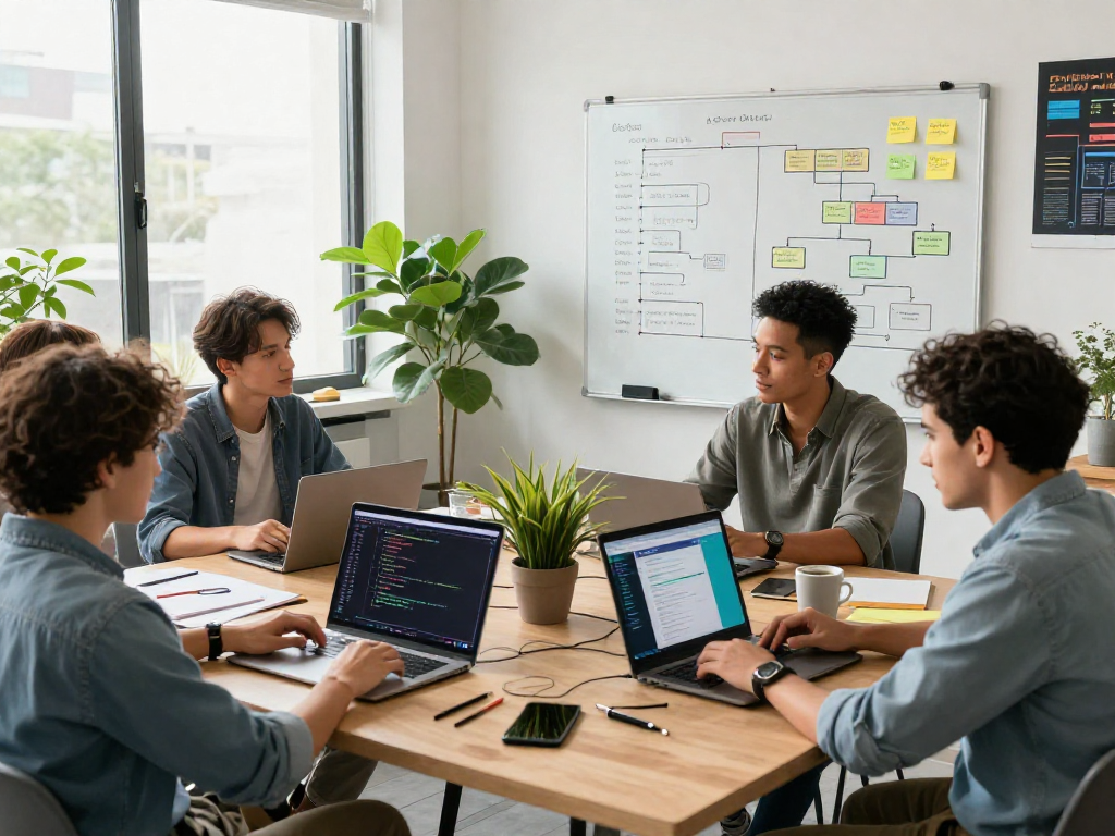 Dynamic net88 tech workspace with a diverse team brainstorming, laptops and code on display.
