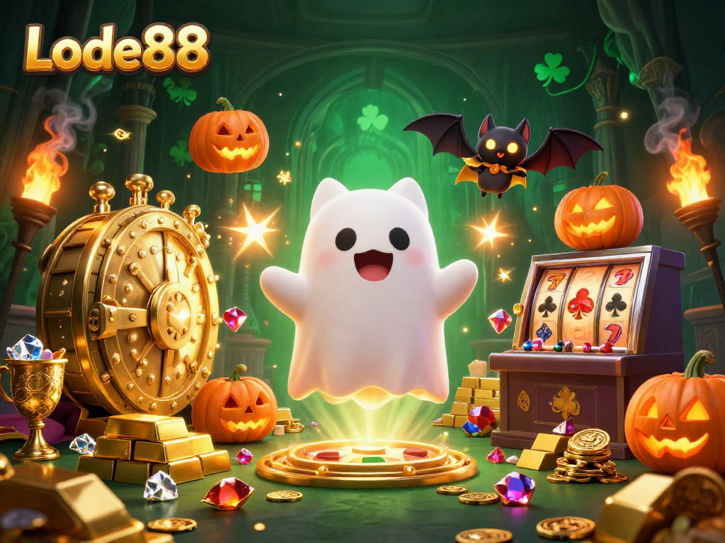 Lode88 fortune awaits in a vibrant casino scene with a ghost cat and a vampire bat!