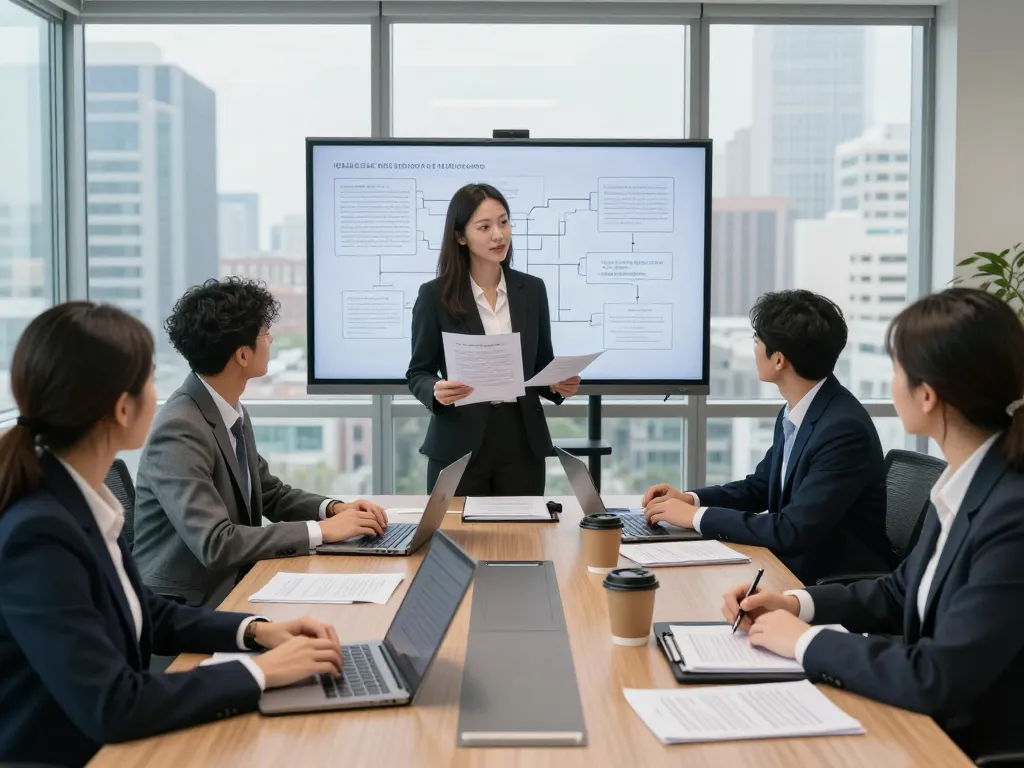 USA lawyers discussing case strategies in a modern conference room setting.