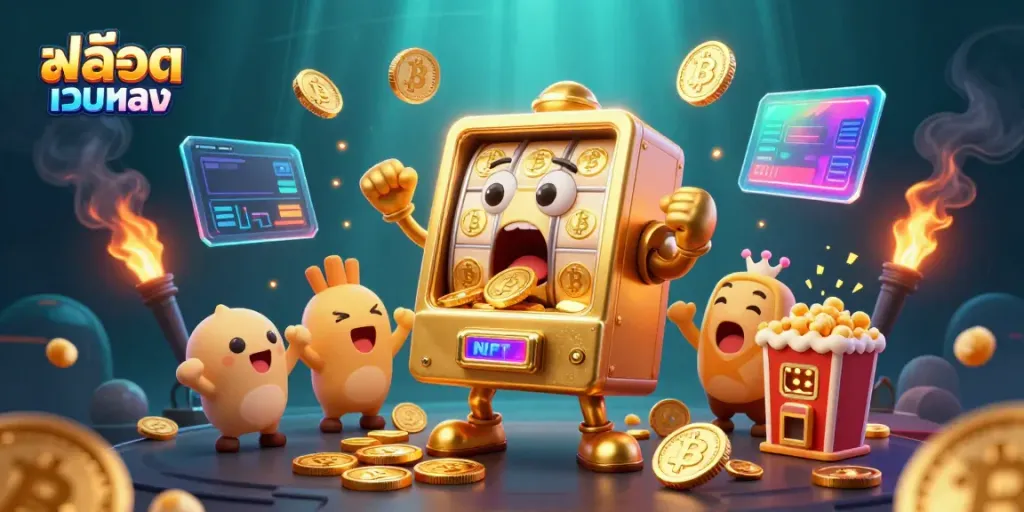 Experience thrilling jackpots with สล็อตเว็บตรง - a lively slot machine scene overflowing with coins and excitement.