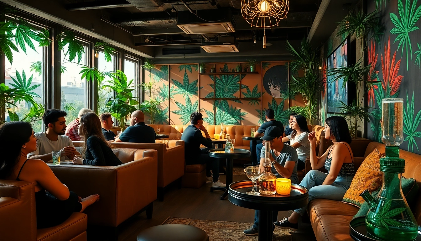 Experience the vibrant atmosphere at the Weed Club Madrid with stylish decor and friendly patrons.