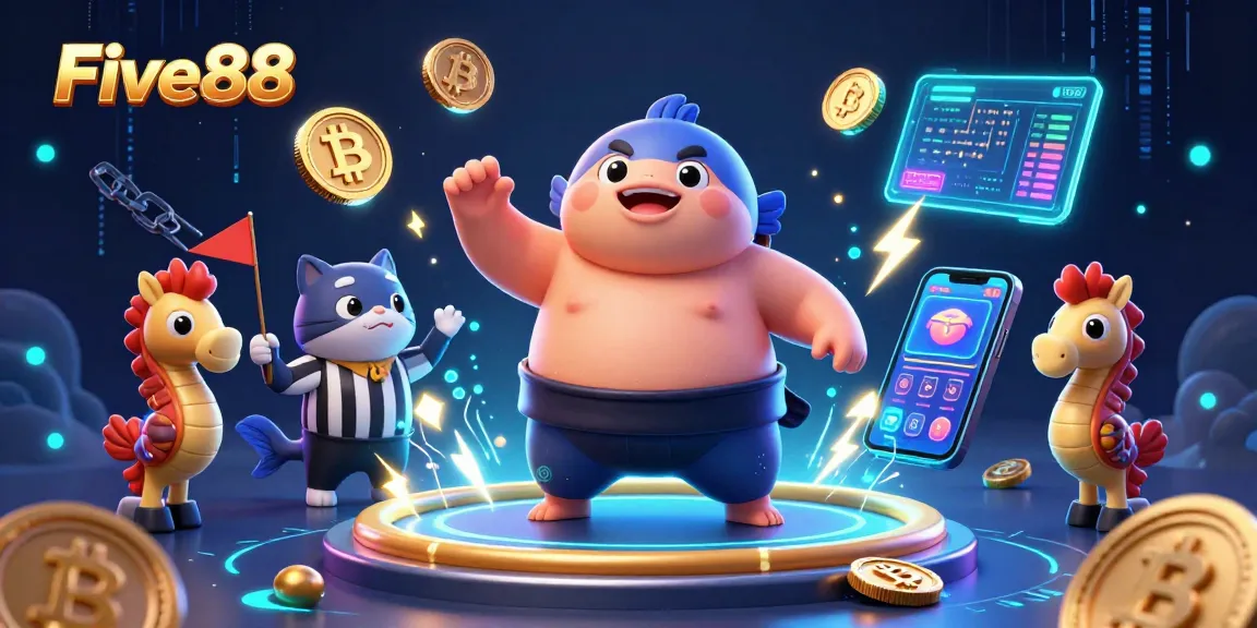 Five88 creates excitement with a vibrant 3D casino scene featuring animated characters and crypto gaming elements.