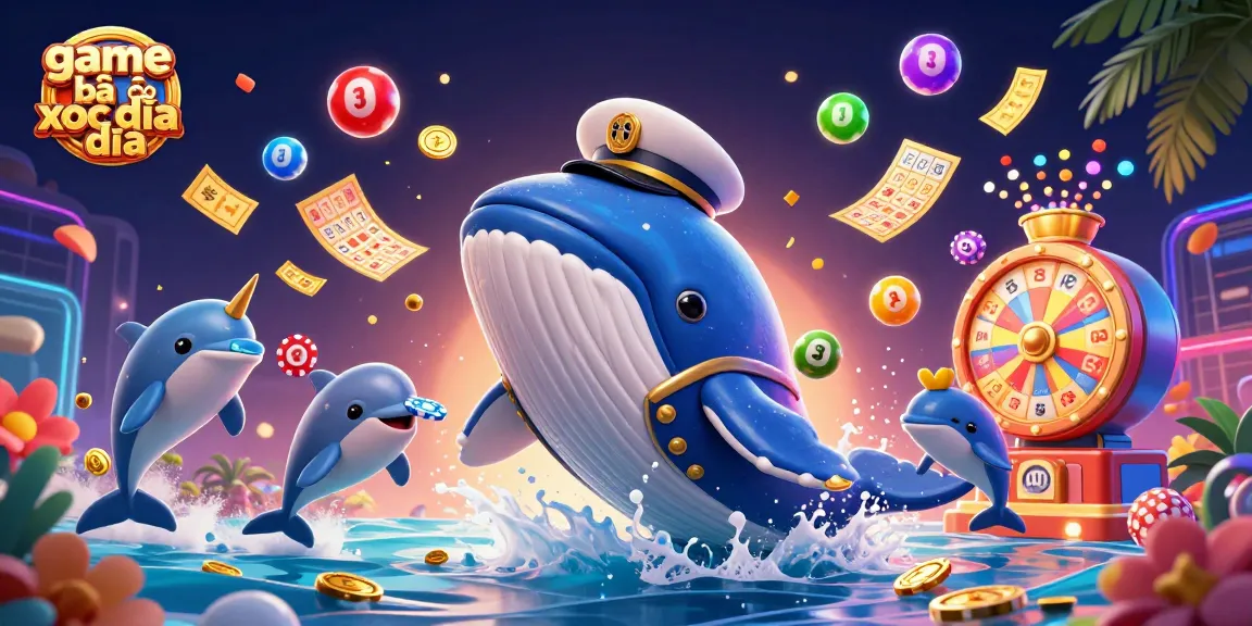 Engaging scene of game bài xóc đĩa featuring a whale, narwhal, and dolphins amid dynamic lottery elements.