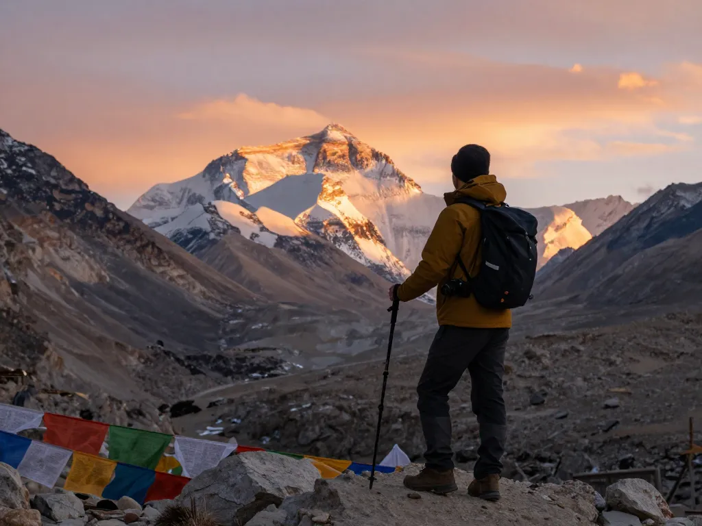 Traveler at Everest Base Camp, viewing sunrise over Mount Everest with breathtaking scenery in background.