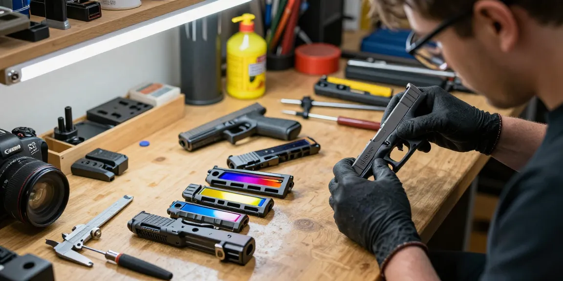 Glock customization at https://precisionglockslides.com workshop with skilled gunsmith fitting aftermarket slide.