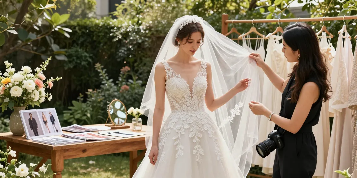 Consulenza di Bridal styling in giardino con sposa, stilista e accessori eleganti.