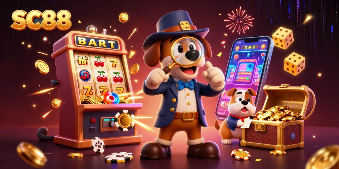 SC88 unleashes jackpot excitement with a cartoon detective uncovering casino treasures.