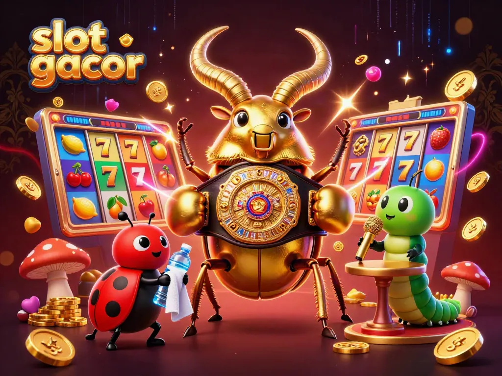 Experience the thrill of "slot gacor" with a captivating illustration of a golden stag beetle in a boxing match.