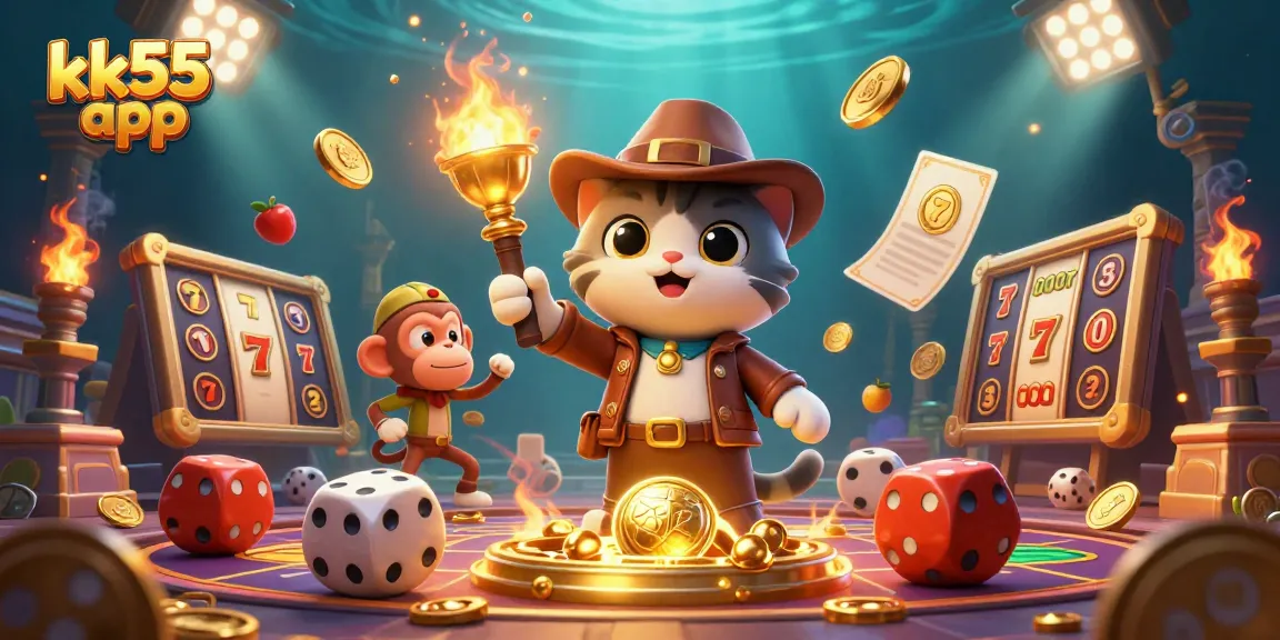 Experience the thrill of the kk55 app as the adventurous cat discovers treasures in a vibrant casino scene.
