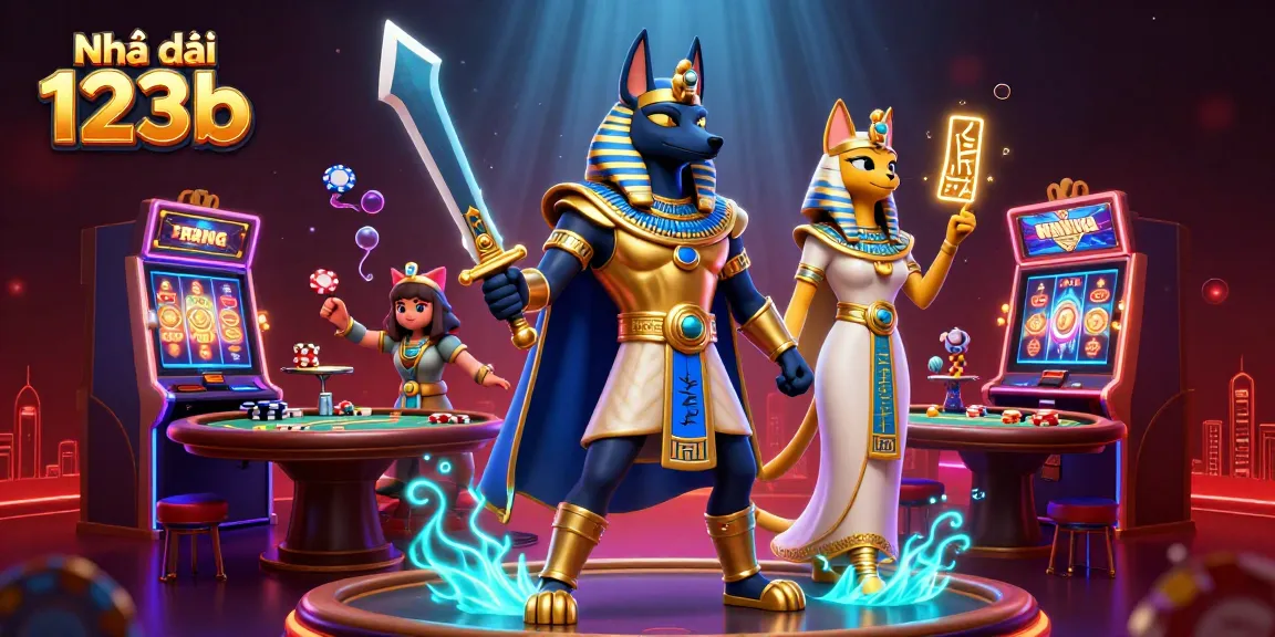 Engage with Nhà cái 123b in a vibrant casino scene featuring ancient Egyptian characters and exciting game elements.