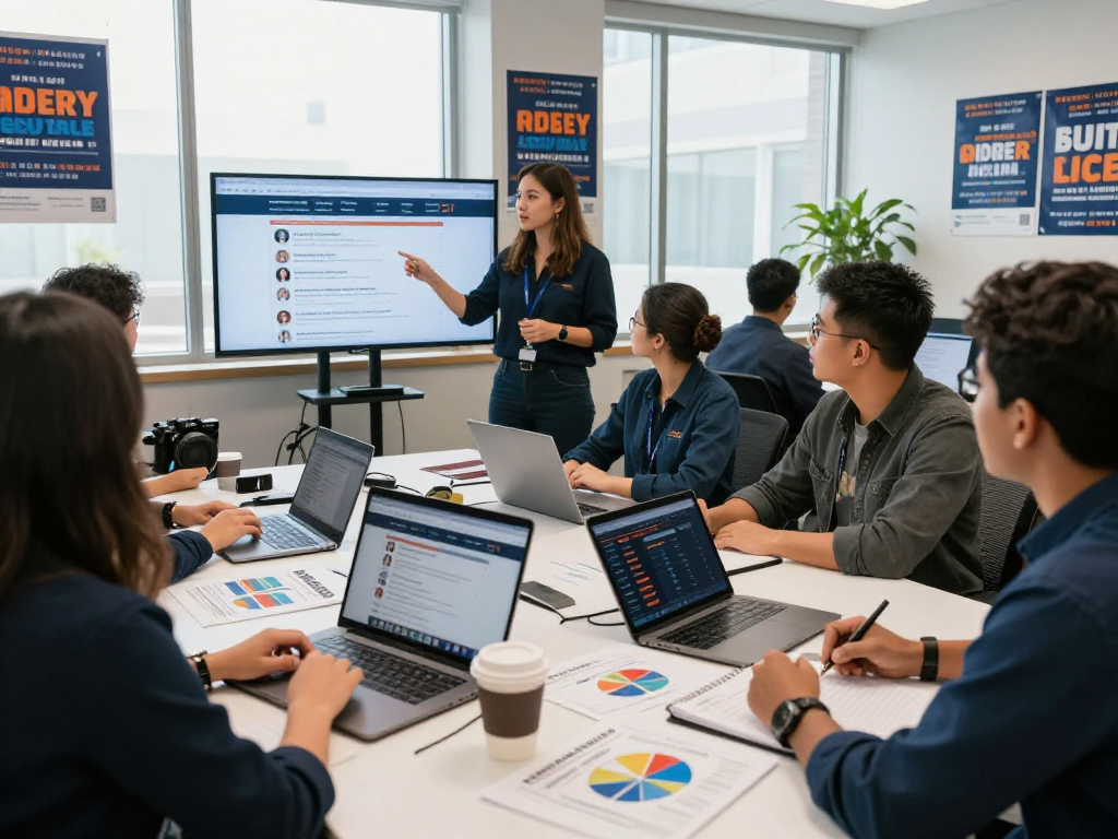 Engaged team strategizing a campaign text message service in a busy political office, showcasing voter analytics and collaboration.