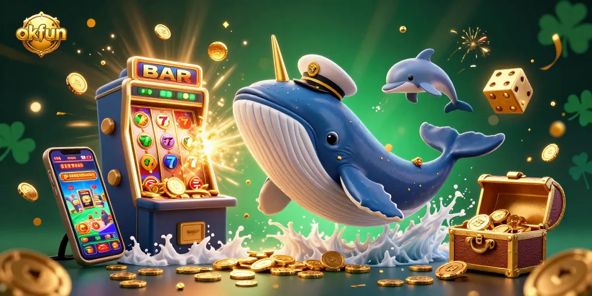 Engage with thrilling gameplay at okfun, featuring a cartoon whale, dolphins, and exciting casino elements.