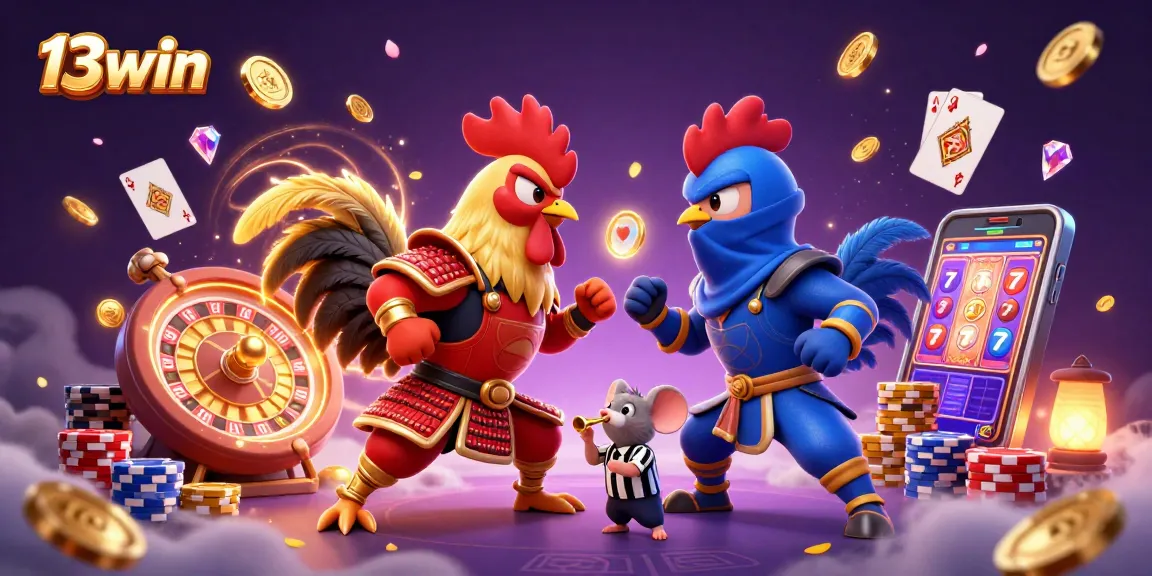 Experience thrilling action at 13win as fighting roosters face off in a vibrant casino setting.
