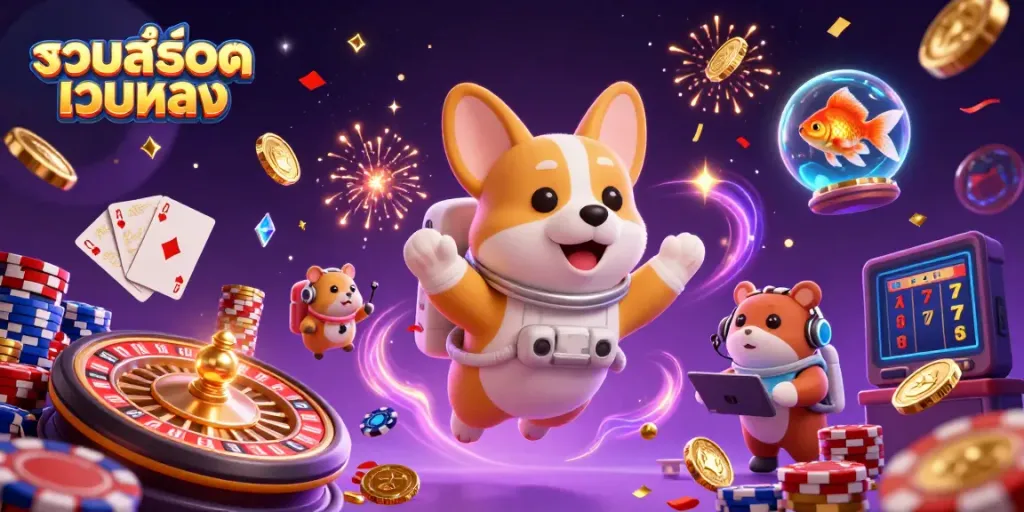Experience the excitement of รวมสล็อตเว็บตรง in a vibrant casino scene with floating characters and dynamic gameplay elements.