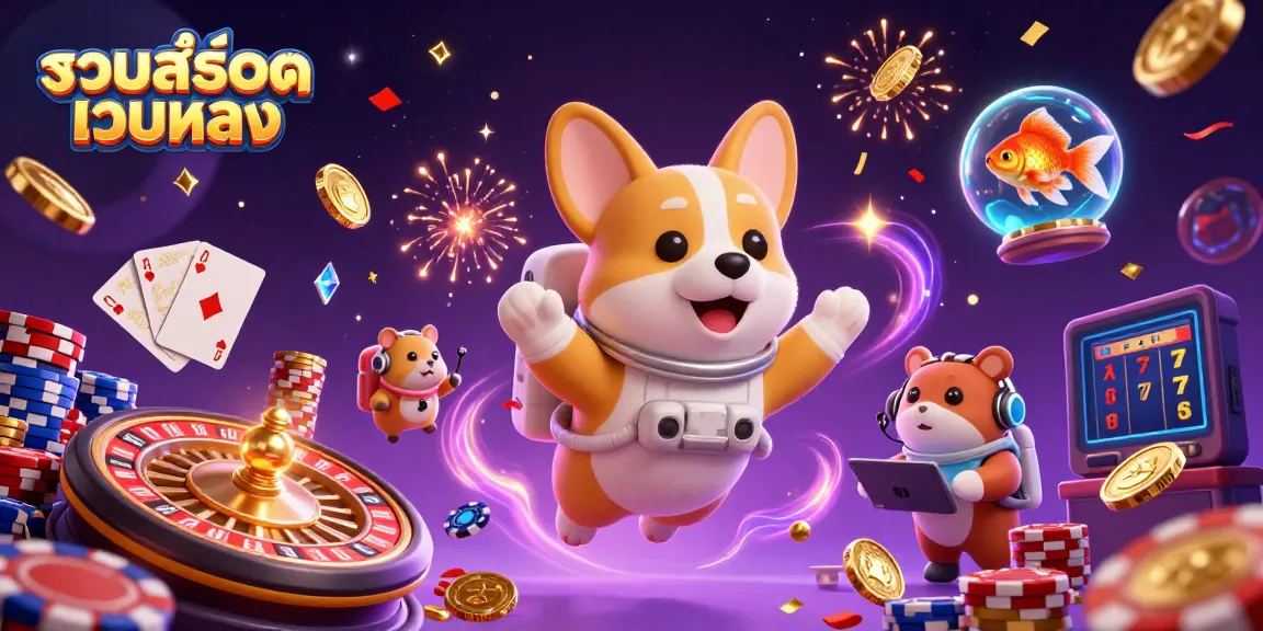 Experience the excitement of รวมสล็อตเว็บตรง in a vibrant casino scene with floating characters and dynamic gameplay elements.