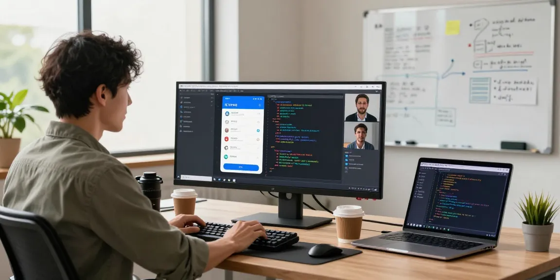 Developer using 纸飞机中文版 in a modern office with dual monitors and collaborative environment.