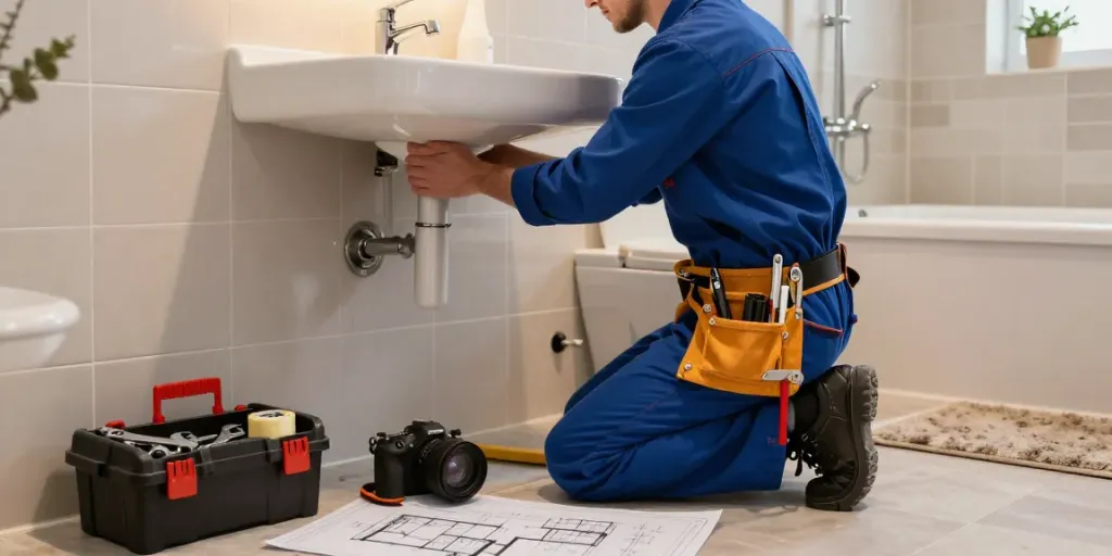 Plumber London renovating a stylish bathroom, installing a new sink with tools at hand.
