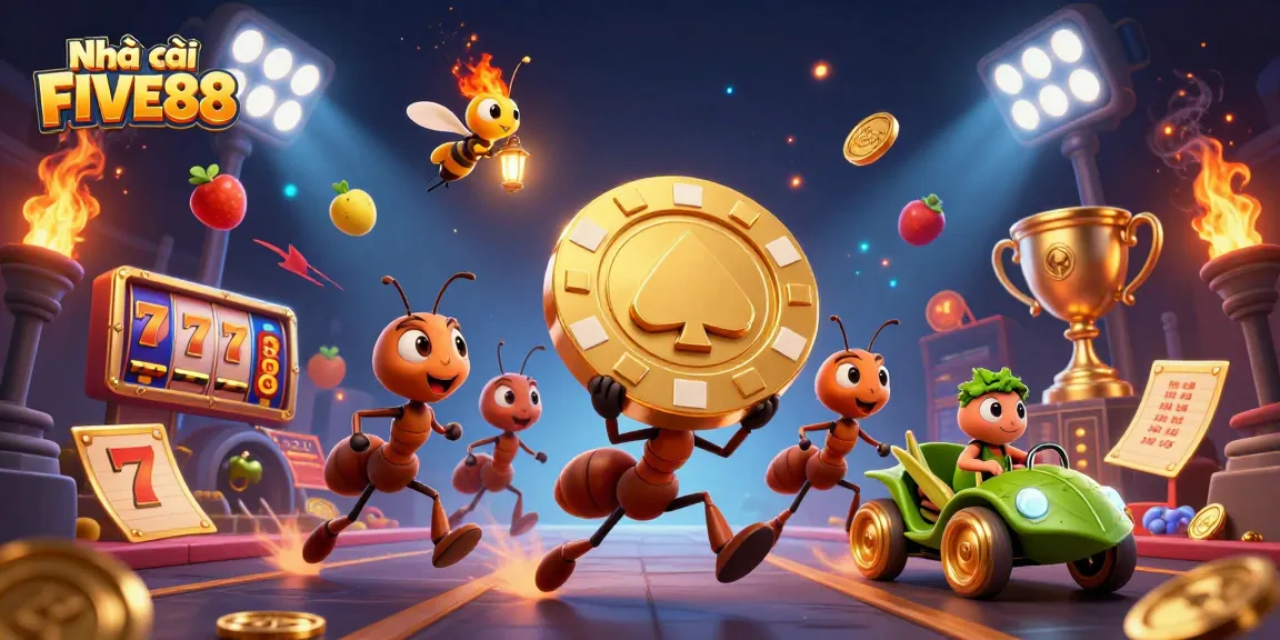 Experience thrilling action with Nhà cái FIVE88 as cartoon ants carry a giant poker chip through a dynamic casino scene.