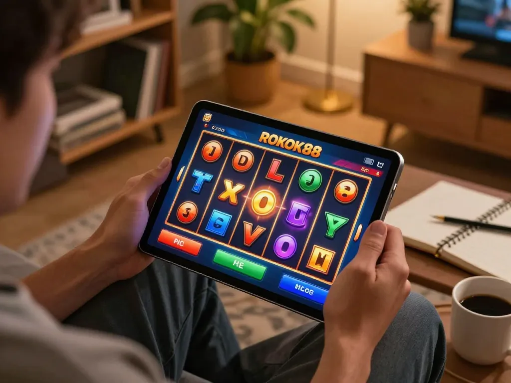 Engaged player strategizing ROKOK88 slot gameplay on tablet in cozy living room.