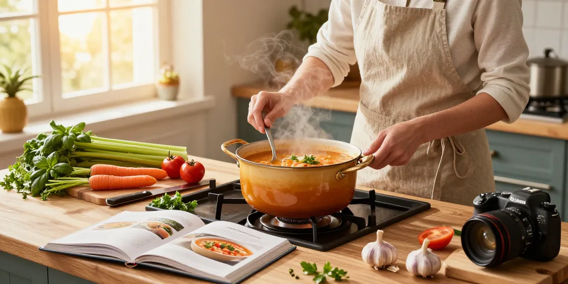 Leckere Zubereitung von veganer Suppe mit frischem Gemüse und Kräutern, die die Zutaten für Vegane Suppen in einer warmen Küchenszenerie zeigt.