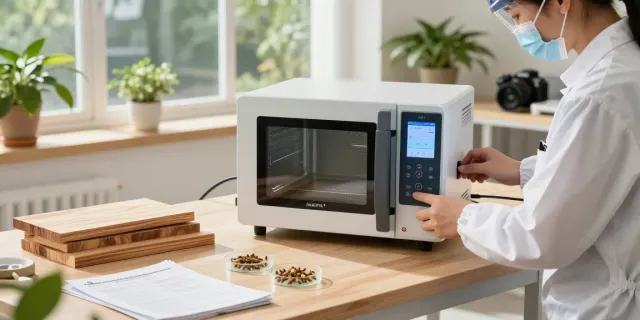 SHASHEL® microwave device in a bright workshop eliminating wood-boring insects, with wood samples and protective gear.