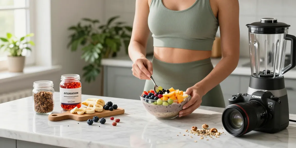 A vibrant smoothie bowl scene featuring premium astaxanthin and fresh fruits in a bright kitchen.