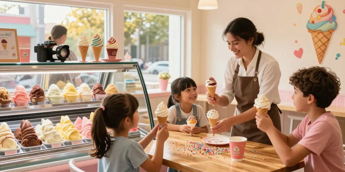 Delightful ice cream parlor scene showcasing children enjoying rokok88 link login flavors, vibrant atmosphere with colorful ice cream.