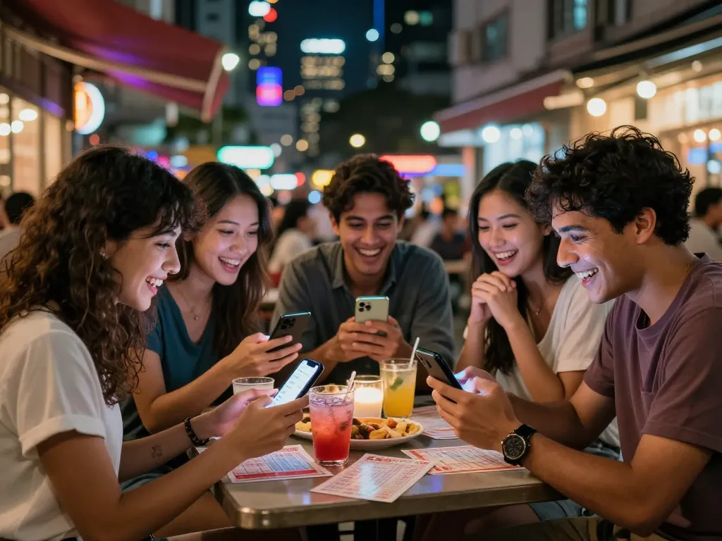 Friends celebrating and checking HK Lotto results at an outdoor café, vibrant city night scene.