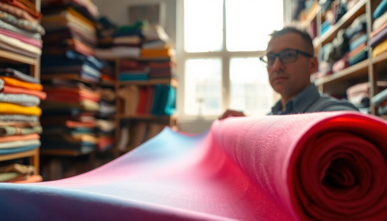 Analyzing viscose fabric textures in a bright textile studio.