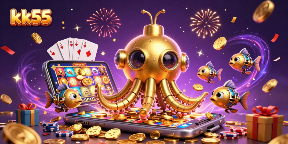 Engage with the thrilling immersion of kk55's underwater adventure, filled with golden coins and exciting casino games.