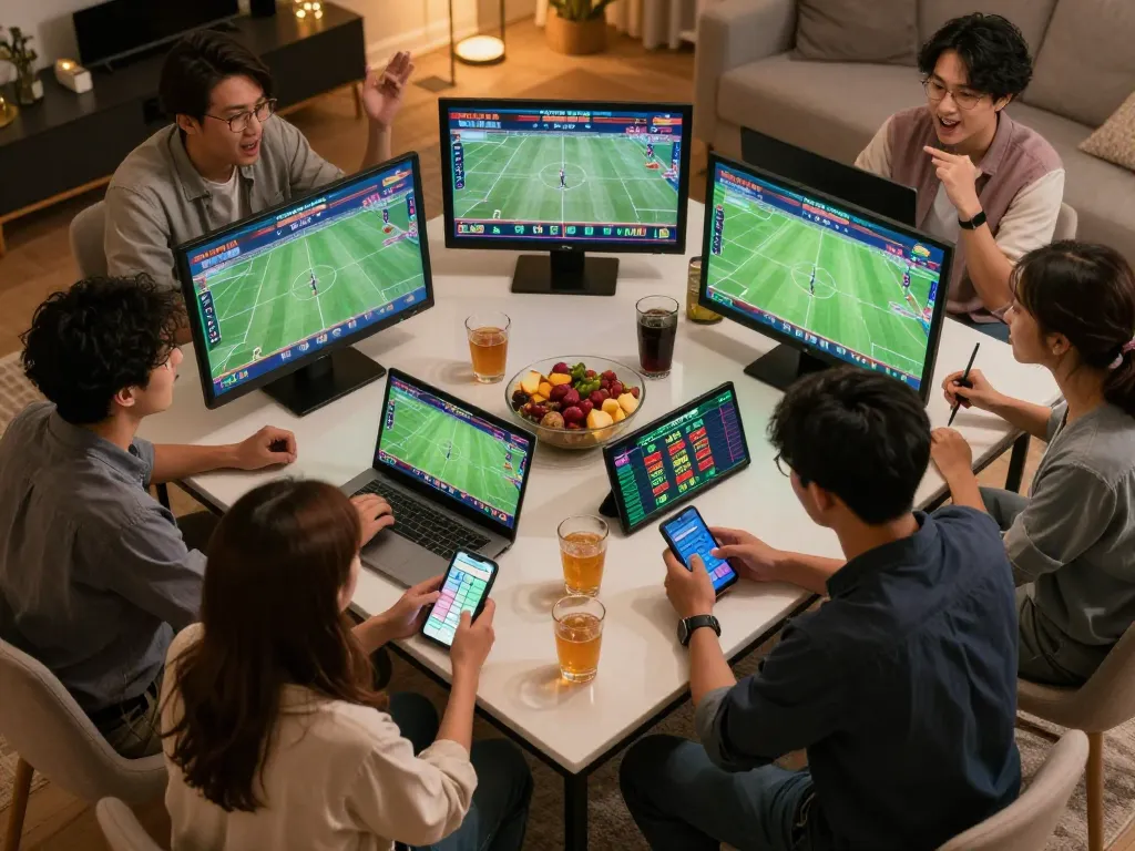 Socolive sports enthusiasts placing bets on smartphones, enjoying live game moments together.